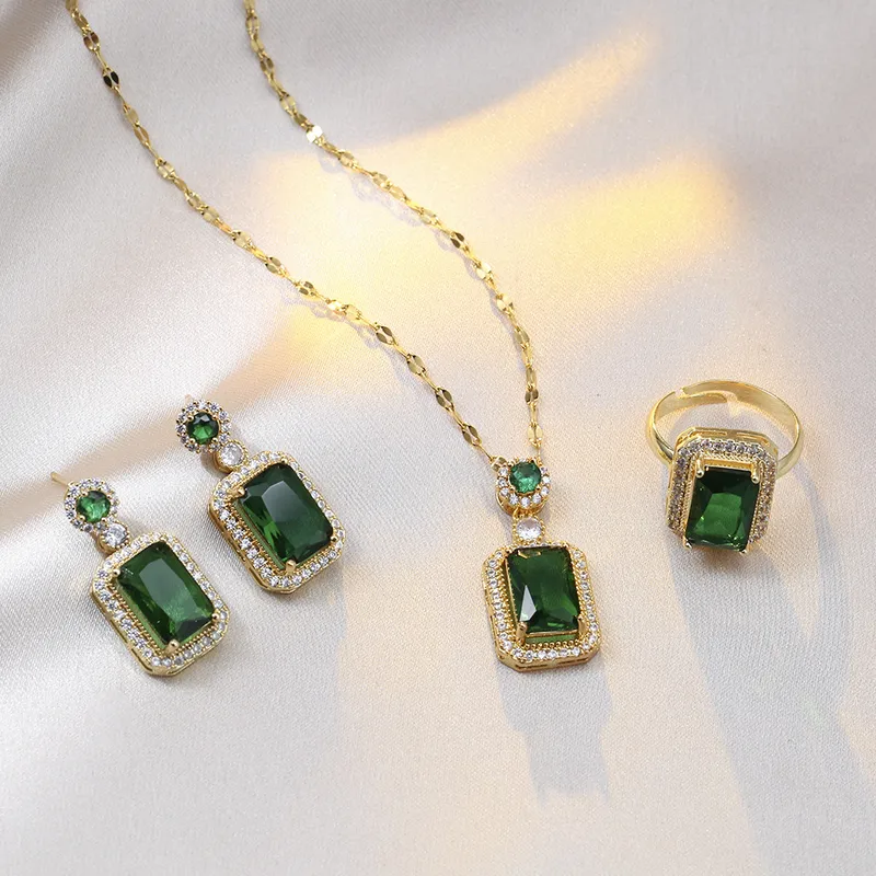 Wholesale Titanium Steel Retro Inlay Square Zircon Necklace Earrings Rings