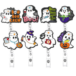 Wholesale Acrylic Halloween Booboocrew Ghost Telescopic Rotating Crocodile Clip Badge Scroll Easy-Pull Buckle
