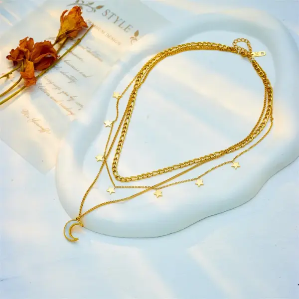 Wholesale PVD Coated 18K Gold Plated Moon 304 Stainless Steel Vintage Style Waterproof Non Tarnish 304 Stainless Steel Layered Necklaces