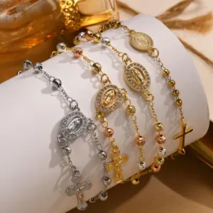 Wholesale Jewelry Vintage Style Religion Cross Virgin Mary Copper Zircon 18K Gold Plated Inlay Bracelets