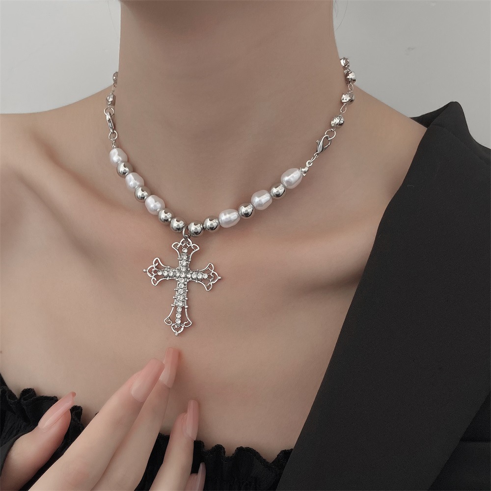 Wholesale Full Diamond Cross Pearl Necklace Isn Style Hip-Hop Niche Stylish Punk Summer New Jewelry Aessories