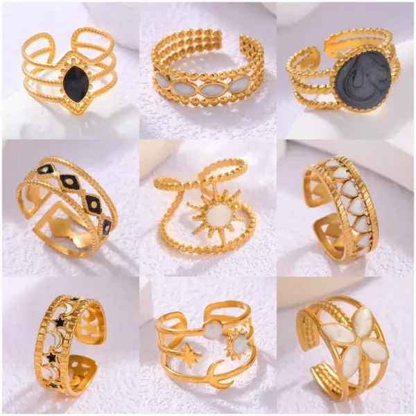 Wholesale Titanium Steel Oil Drop Flower Ring For Women, Non-Fading, European And American Style, High-End Texture, 304 Stainless Steel, Vacuum Electroplating (Furnace), Geometric Pattern Butterfly Open Ring