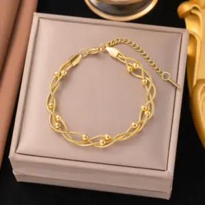 27【E2064】 Three-layer Round Snake Clip Bead Bracelet / Gold