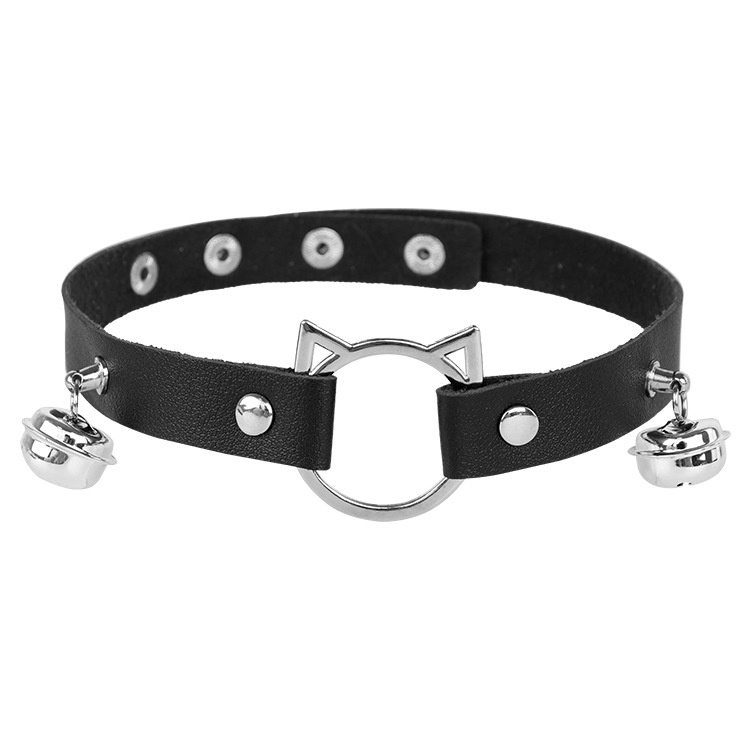 Wholesale European and American Personality Cat Head Leather Collar Neck Strap Harajuku PU Punk Bell Necklace Jewelry Performance Clavicle Chain