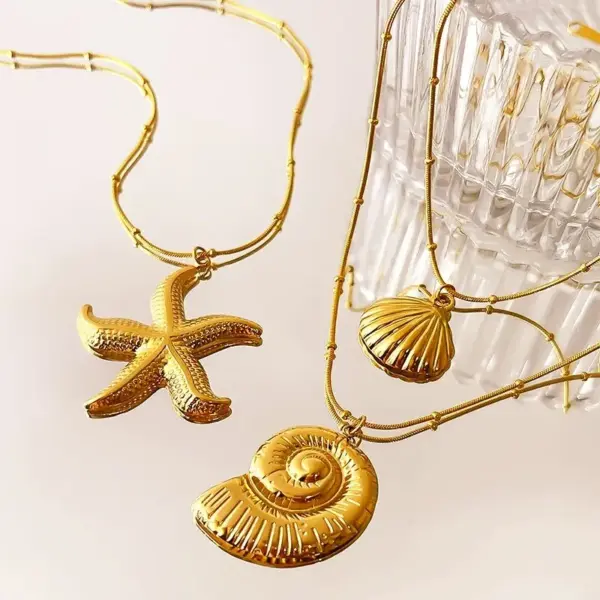 304 Stainless Steel Starfish Conch Shell PVD Coated Imitation Pearl Real Gold Plated Marine Style Waterproof Non Tarnish Surgical Steel Cross Chain Box Chain Lobster Trigger Clasp Closure Gold Pendant Necklace