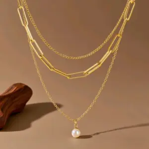 X01038-Pearl Three-Layer Chain-Necklace- Gold