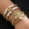 Wholesale Simple Mama Pearl Virgin Mary Copper Zircon Gold-plated Bracelet