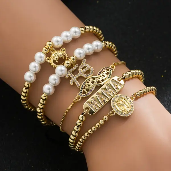 Wholesale Simple Mama Pearl Virgin Mary Copper Zircon Gold-plated Bracelet