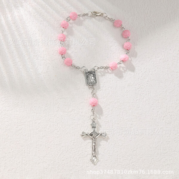 Wholesale Pink Rose Flower Beaded Cross Bracelet Necklace