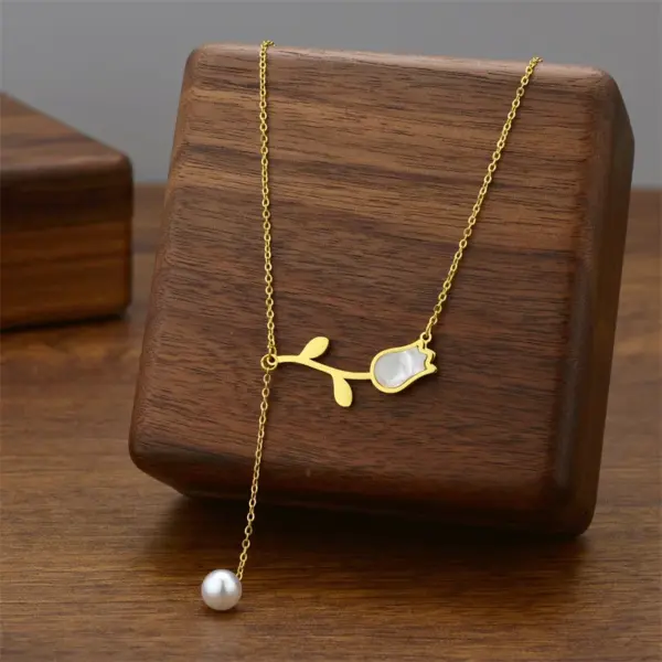 Wholesale [Whole Body Titanium Steel] Tulip Pearl Pendant Necklace Light Luxury Classic Style Necklace