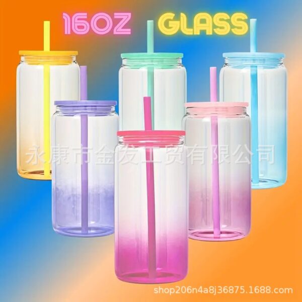 Wholesale 16oz Sublimation High Borosilicate Jelly Color Gradient Mason Glass Cup Portable Color PP Cover Glass Slipper Cup