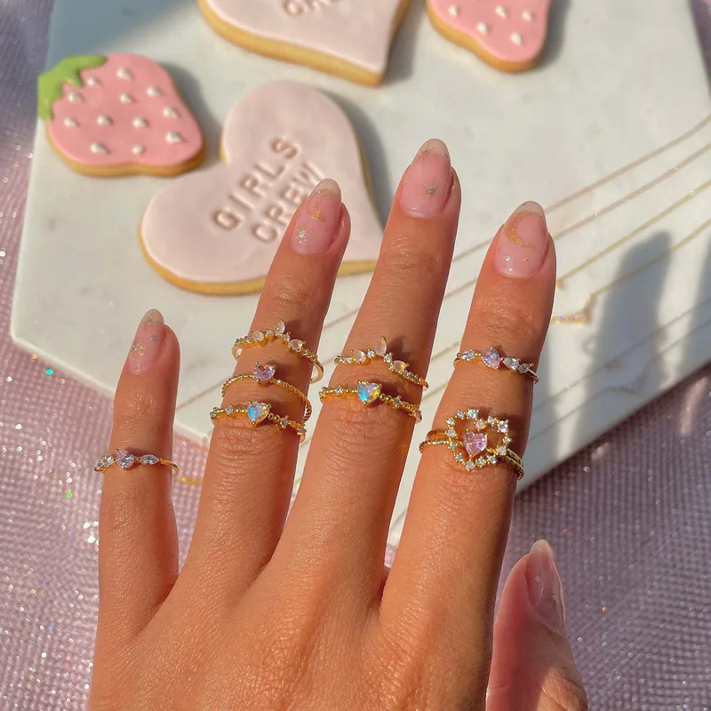 Wholesale Fashion Heart Shape Brass Rings Plating Artificial Rhinestones Copper Rings