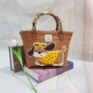 Brown bamboo handle basket with cute eyes dog