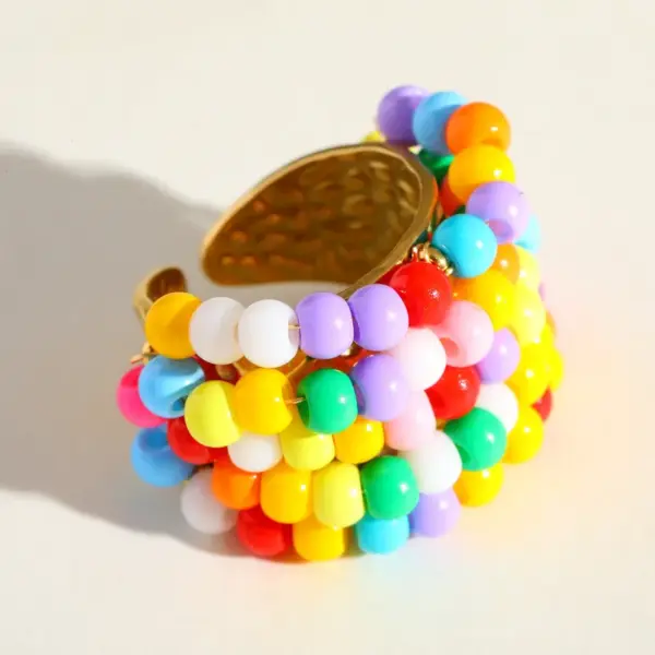 Dopamine Colored Sweet 18K Gold Plated Stainless Steel Bead Full Bead Open Ring Adjustable Size Geometric Circle Ball Pattern