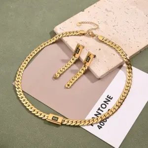 Drop Oil Rectangular Cuban Link Chain Earrings & Necklace Suit (Length: 410+60mm; Needle Thickness: 0.8mm) / 1 Set/Package