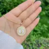Copper 18K Gold Plated Enamel Inlay Round Virgin Mary Artificial Pearls Zircon Pendant Necklace