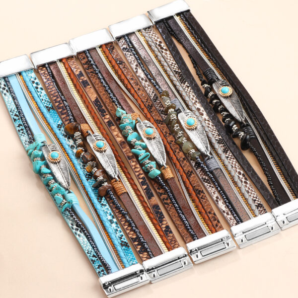 Wholesale Vintage Feather Blue Turquoise Gravel Multi-Layer Leather Bracelet