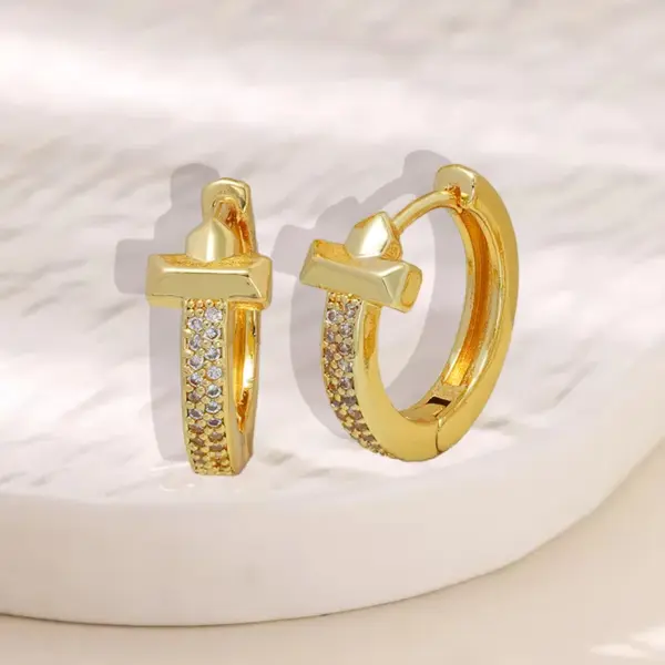 Wholesale Elegant Copper Plated 18K Gold Zirconia Embedded Earrings Women's Fashion Jewelry Non-Fading Geometric Pattern Hoop Earrings