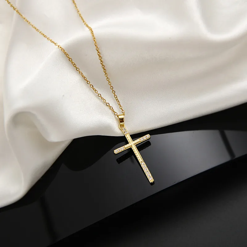 Wholesale Retro Cross Stainless Steel Inlaid Zircon Necklace