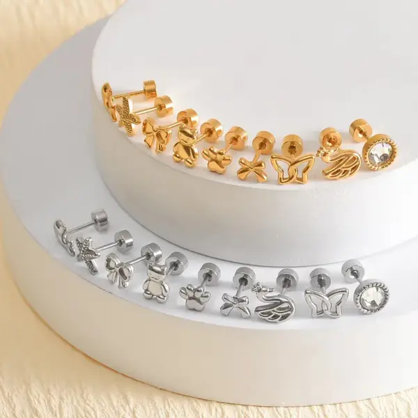 Wholesale 1 Pair Stainless Steel Vertical Bar Heart/Moon/Square Inlaid Synthetic Zircon Earrings Niche Design Sense Minimalist Style Simple Ear Piercing Gold Small Earrings