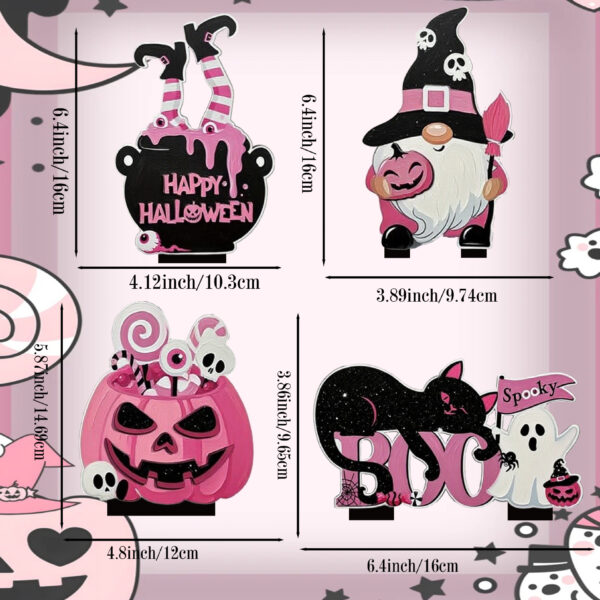oly-ee42d194ddd3272c00ecd72c9342e356 Wholesale 4 Halloween Pink Pumpkin and Dwarf Wooden Figurines with Bases - Halloween Desktop Wooden Figurines