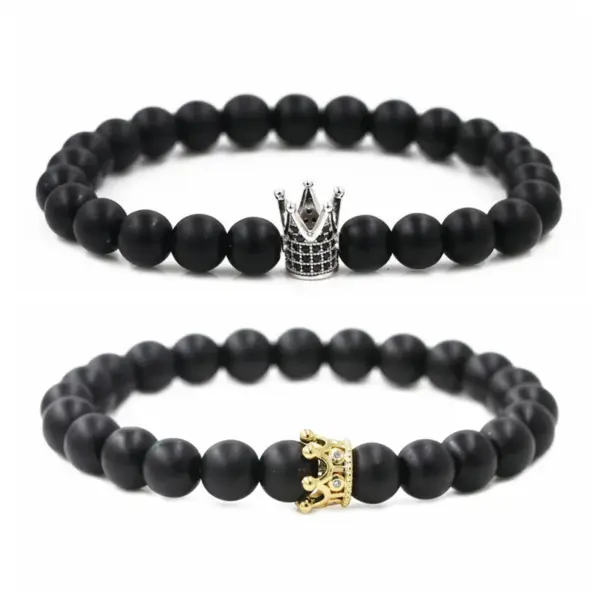 Wholesale Hot Sale Matte Black Stone Micro Inlaid Zircon Crown Couple Bracelet Copper Beads Bracelet Wholesale Nihaojewelry