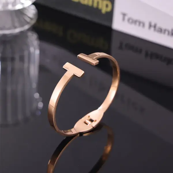 Wholesale 304 Stainless Steel Geometric Solid Color PVD Coated Real Gold Plated Modern Style British Style Waterproof Non Tarnish Plating Rose Gold Gold Silver Bangle