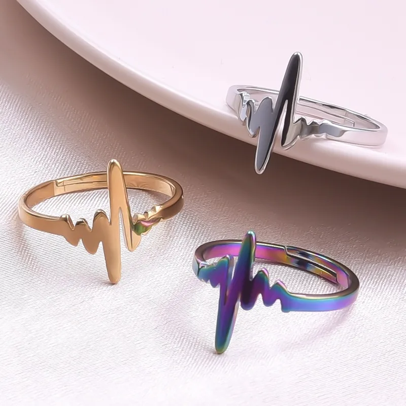 Wholesale PVD Coated Real Gold Plated 18K Gold Electrocardiogram 304 Stainless Steel Simple Style Waterproof Non Tarnish Open Ring