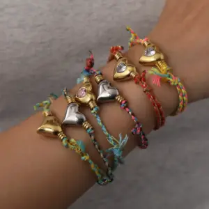 Wholesale Handmade Love Heart Pendant Zircon Embedded Stainless Steel 18K Gold Plated Cotton Rope Bracelet Sweet Cute Jewelry Accessory