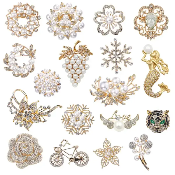 Wholesale Elegant Pin Bicycle Flower Snowflake Imitation Pearl Alloy Inlay Rhinestones Women'S Brooches