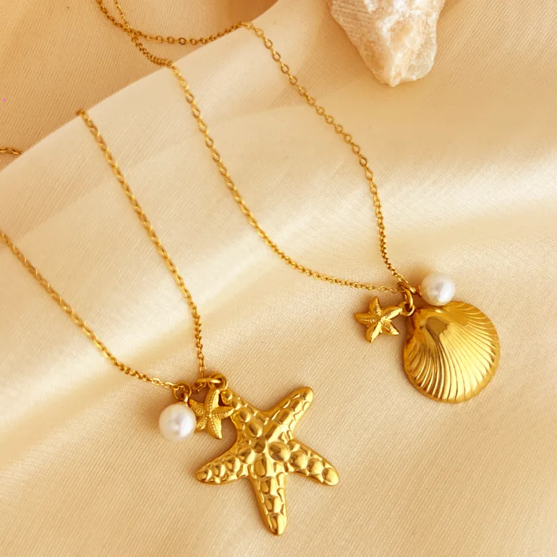 Wholesale PVD Coated Real Gold Plated 18K Gold Starfish Shell 304 Stainless Steel Elegant Beach Waterproof Non Tarnish 201 Stainless Steel Pendant Nec