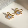Wholesale 304 Stainless Steel Heart Shape Bow Knot PVD Coated Zircon Real Gold Plated 18K Gold Elegant Sweet Waterproof Non Tarnish Inlay Ear Studs