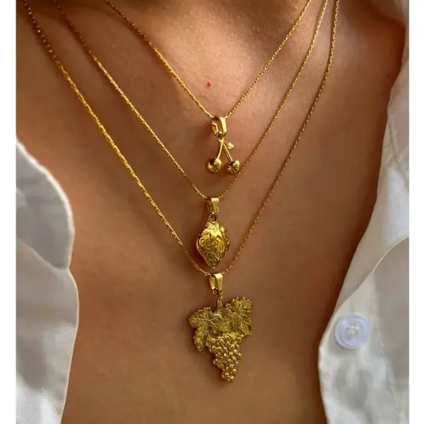 Wholesale 304 Stainless Steel Cherry Strawberry PVD Coated Enamel Real Gold Plated Japanese Style Sweet Commute Waterproof Non Tarnish Surgical Steel Bamboo Necklace Lobster Trigger Clasp Closure Gold Pendant Necklace