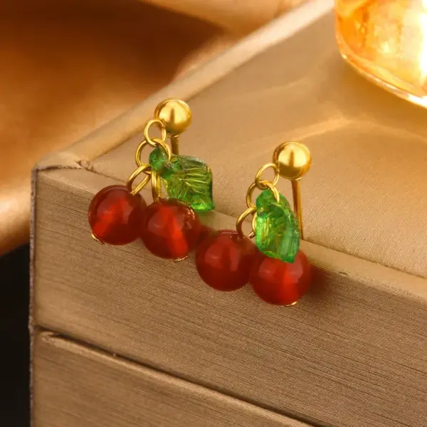Wholesale 304 Stainless Steel Plastic Cherry Fruit Ion Plating (IP) 18K Gold Plated Cute Sweet Waterproof Non Tarnish Plating O-shaped Chain Box Chain Gold Earrings Necklace Jewelry Set