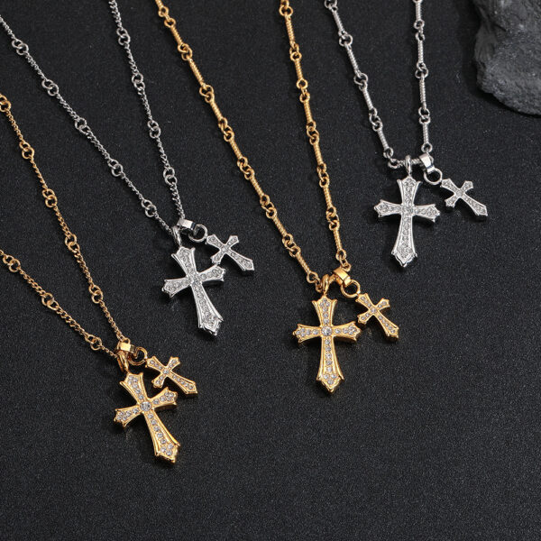 Wholesale Cross-border New Cross Full Diamond Titanium Steel Necklace Men's All-match High-end Sense Woolen Chain Fade-free Jewelry Necklace Women