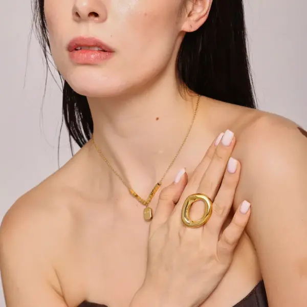 Wholesale PVD Coated Real Gold Plated 18K Gold Geometric 304 Stainless Steel Luxurious Vacation Waterproof Non Tarnish Rings Necklace