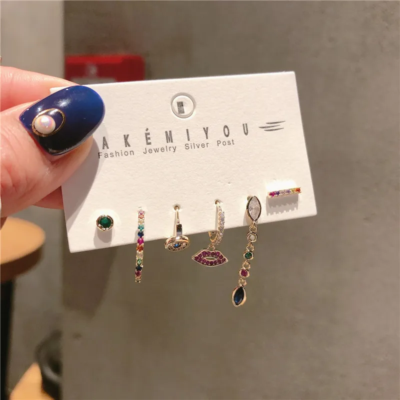 Wholesale 6 Pieces Yakemiyou Sweet Lips Colorful Plating Inlay Copper Zircon Earrings