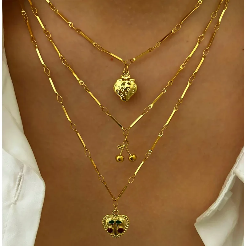 Wholesale 304 Stainless Steel Cherry Strawberry PVD Coated Enamel Real Gold Plated Japanese Style Sweet Commute Waterproof Non Tarnish Surgical Steel
