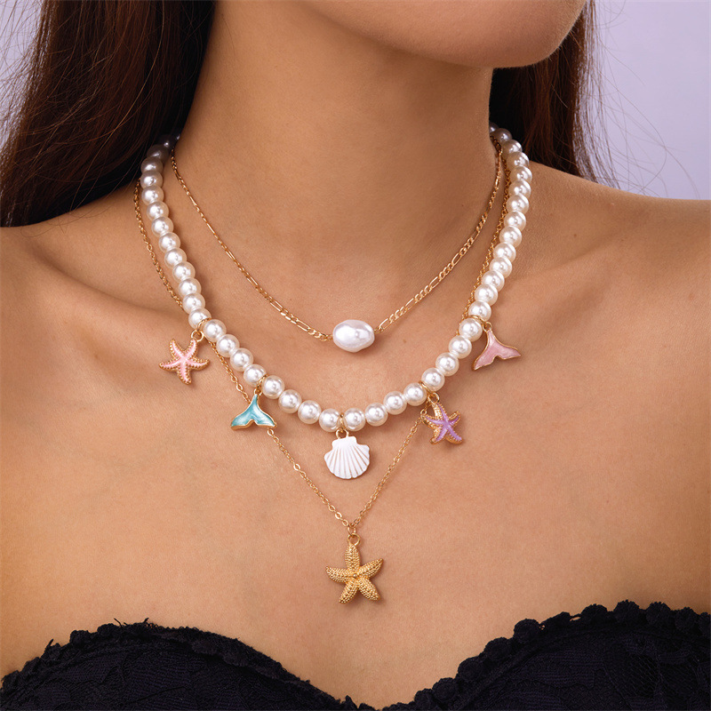 Wholesale Summer Vintage Holiday Style Beach Shell Imitation Pearl Conch Women's Multi-Layer Necklace Starfish Pendant Necklace suit