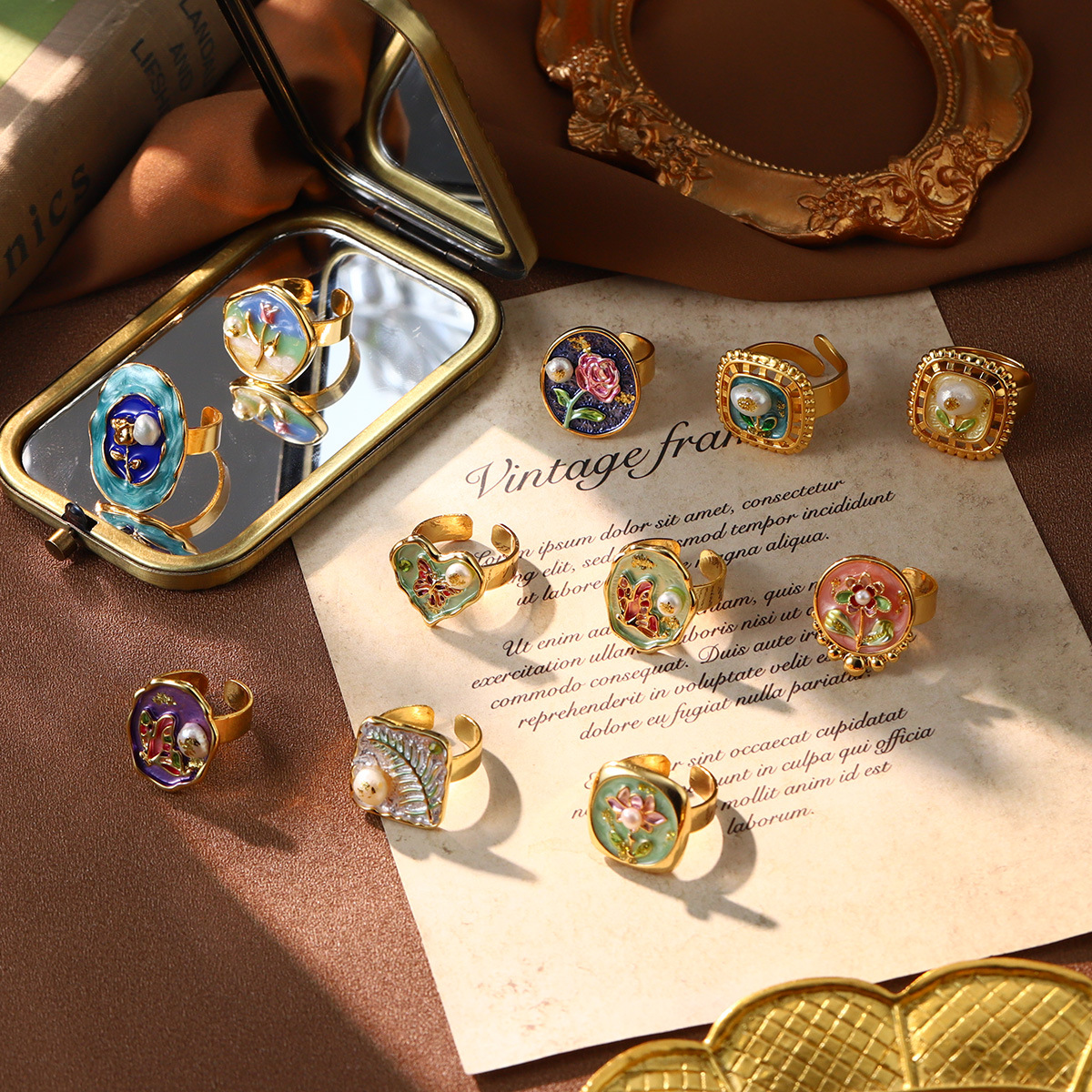 Wholesale French Retro Elegant Enamel Oil Painting Series Ring Baroque Natural Pearl Court Style High-grade Niche Jewelry