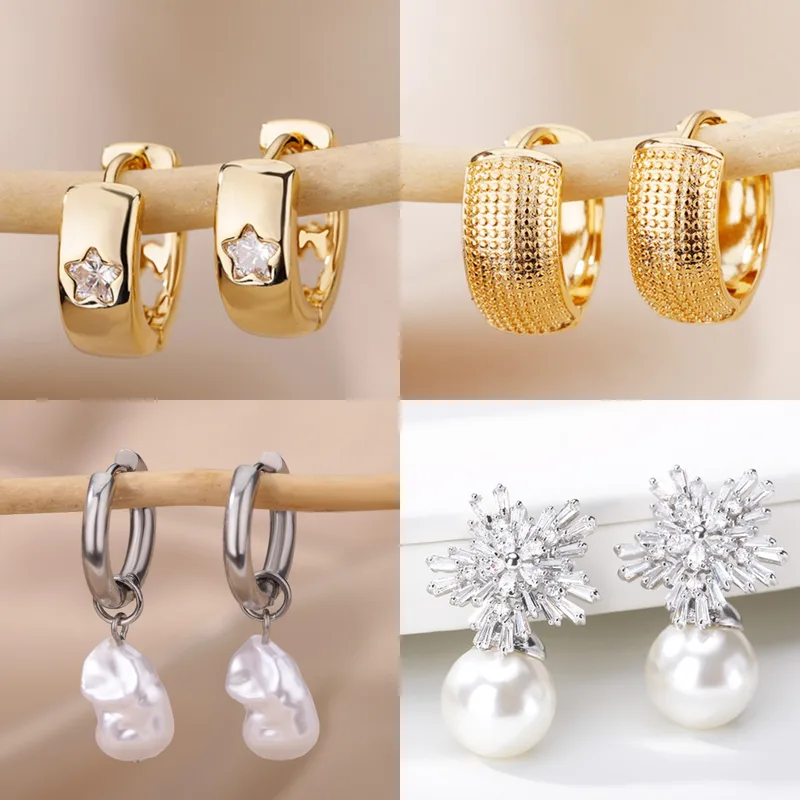 Wholesale Elegant White Gold Imitation Pearl Snowflake Women's op Earrings 18K Gold Plated Small Flower Geometry Simple Daily Wedding Jewelry Aessorie