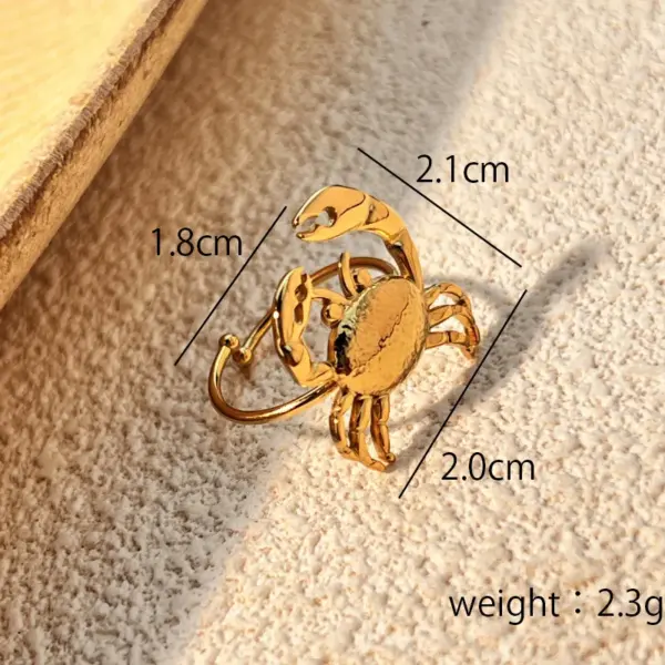 Wholesale PVD Coated Real Gold Plated Crab 304 Stainless Steel Vacation Marine Style Waterproof Non Tarnish Open Rings