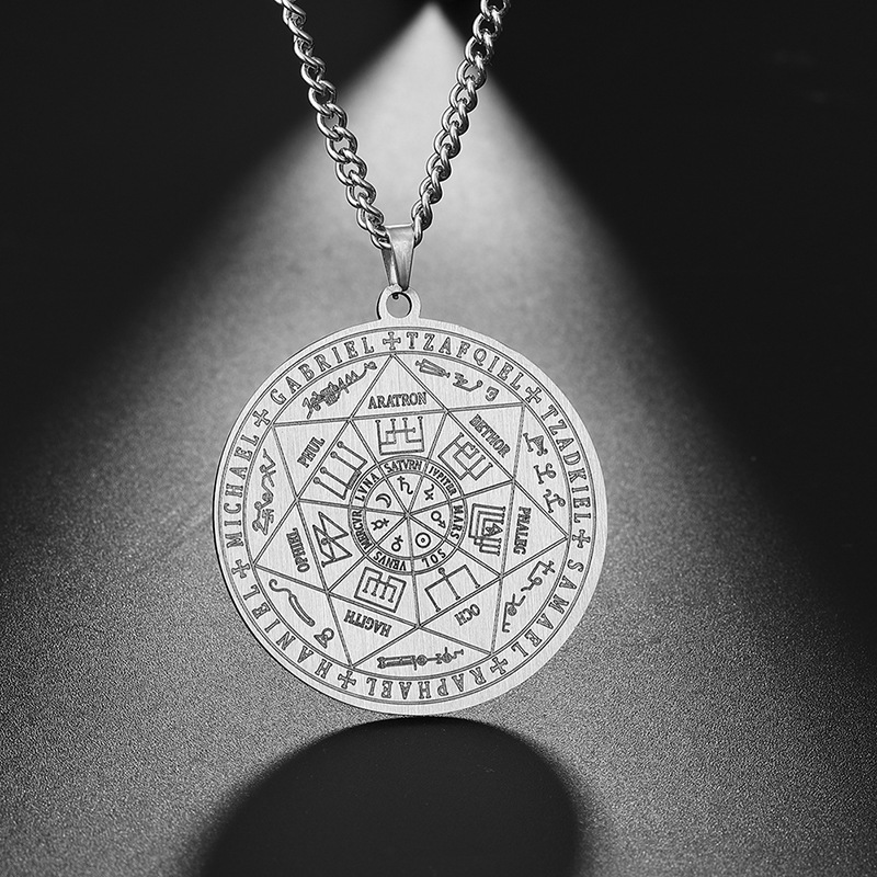 Wholesale Cross-border Europe and the United States hot titanium steel necklace 35mm six-inted star angel round stainless steel three-color pendant vi