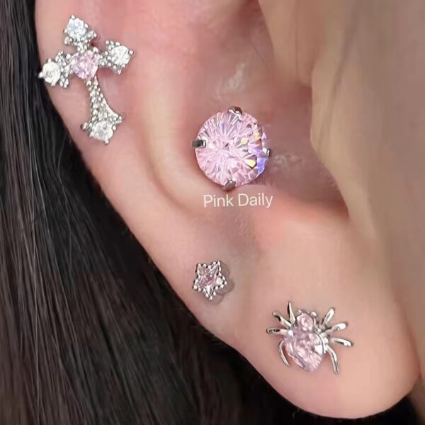 Wholesale Light Luxury Pink Zircon Cross Ear Bone Nail Titanium Steel Screw Fireworks Cut Ear Nail Butterfly Earrings Western Style