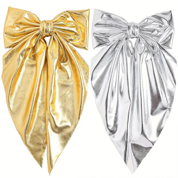 Wholesale Cross-border fashion shiny leather bow hair clip long ribbon spring clip gold and silver back hair clip holiday party hair accessory