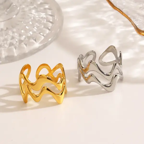 Ion Plating (IP) 18K Gold Plated Waves Lines 304 Stainless Steel Simple Style Waterproof Non Tarnish Open Rings