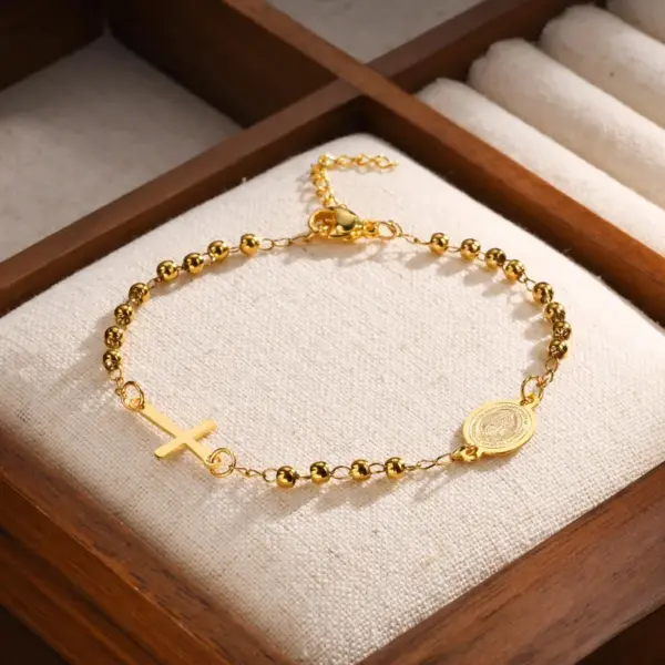 Wholesale Jewelry Vintage Style Religion Cross Virgin Mary Copper Zircon 18K Gold Plated Inlay Bracelets