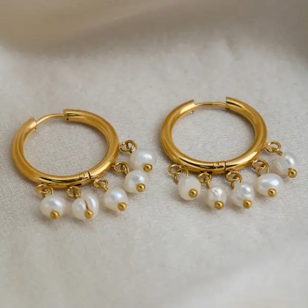 Wholesale PVD Coated Real Gold Plated 18K Gold Circle 201 Stainless Steel Freshwater Pearl Elegant Bohemian Roman Style Waterproof Non Tarnish Drop Earrings
