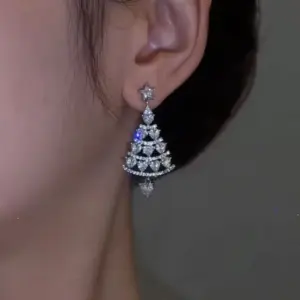 D0495 Christmas Tree Pendant Earrings - Silver