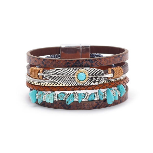 oly-ef554663e79e431e9519b827f8cb56b5 Wholesale Bohemian style gravel feather leather women's bracelet creative vintage feather turquoise magnet buckle bracelet